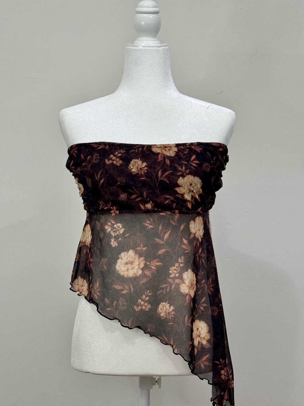Sheer Floral Off-Shoulder Crop Top - Black with Cream Flowers